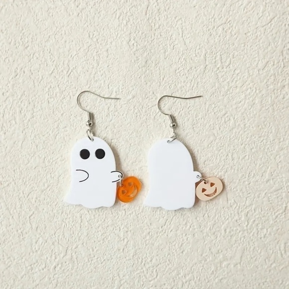 White Ghost with Jack-O-Lantern Dangle Earrings - Picture 3 of 4
